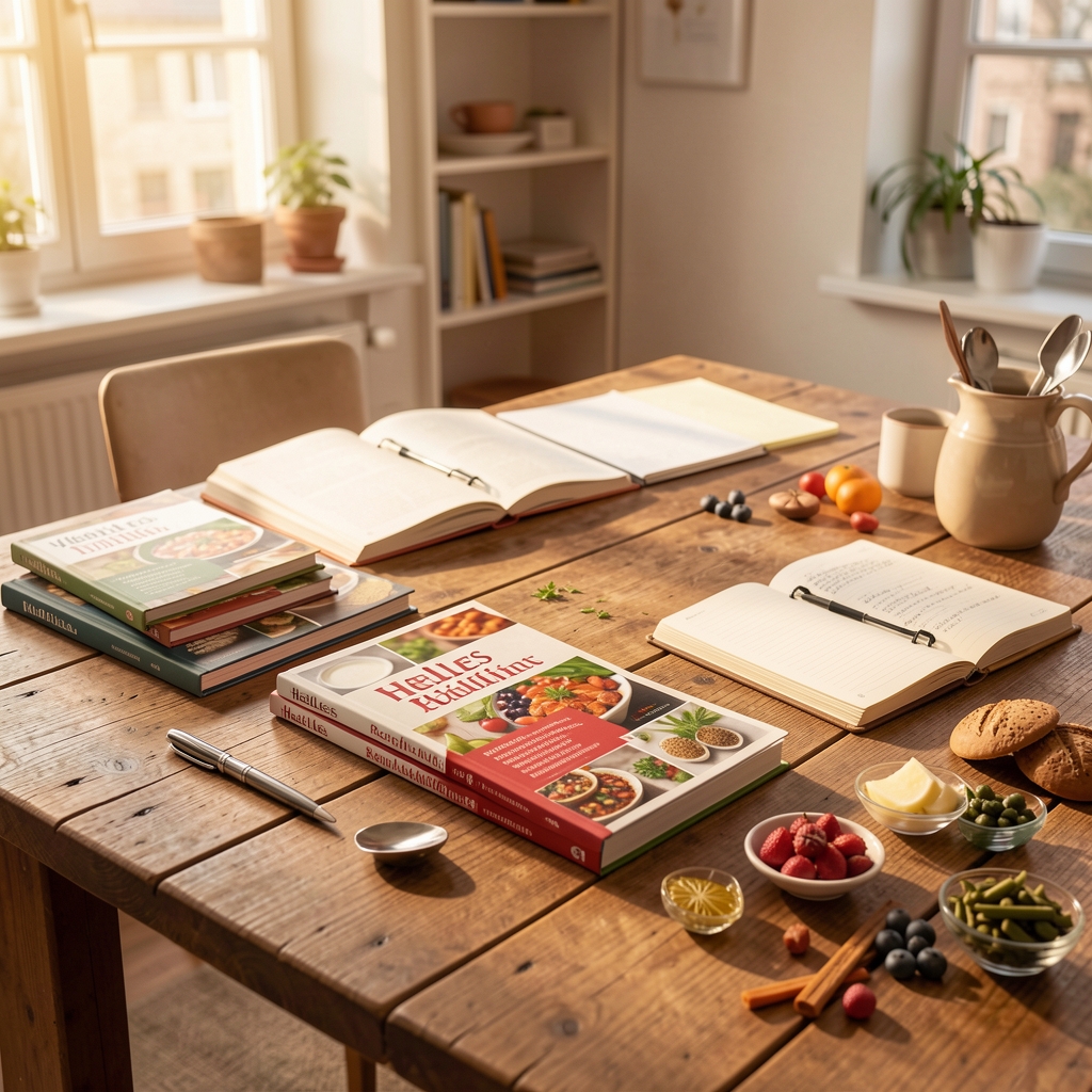 Helles Redaktionsbüro mit Ernährungspublikationen auf einem hölzernen Schreibtisch, offene Notizbücher und saisonale Lebensmittelproben in warmem Licht