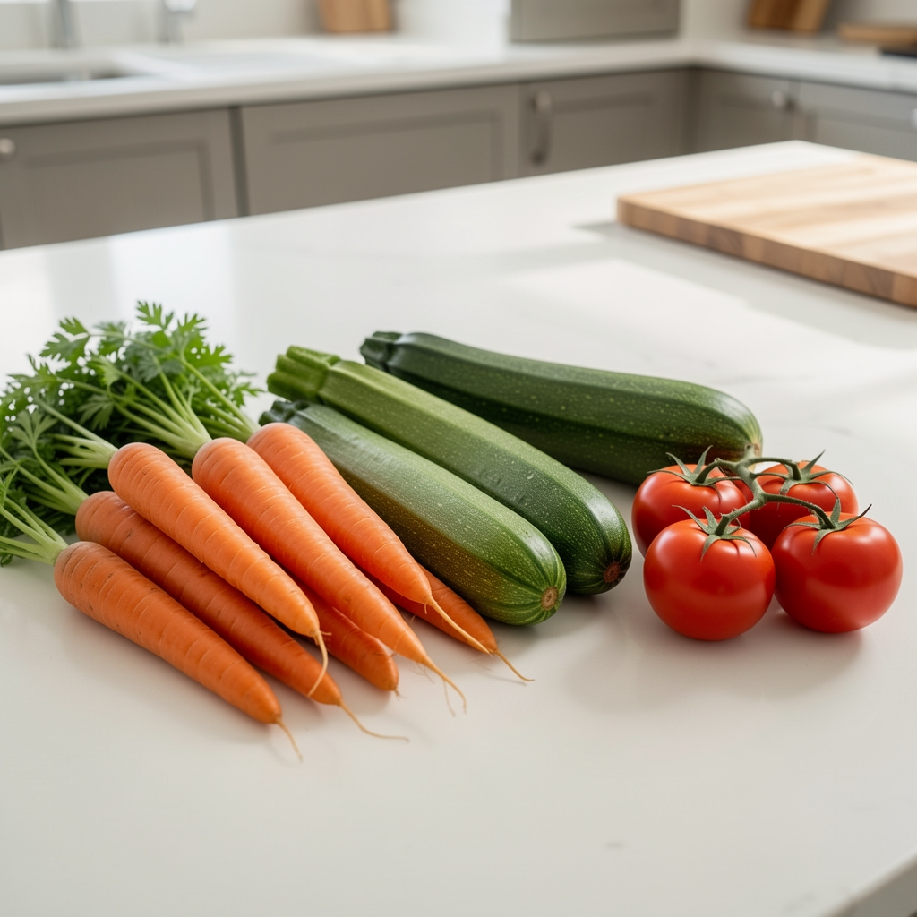 Frische saisonale Zutaten sortiert nach Farbgruppen auf einer hellen Küchenarbeitsplatte, darunter Karotten, Zucchini und Tomaten