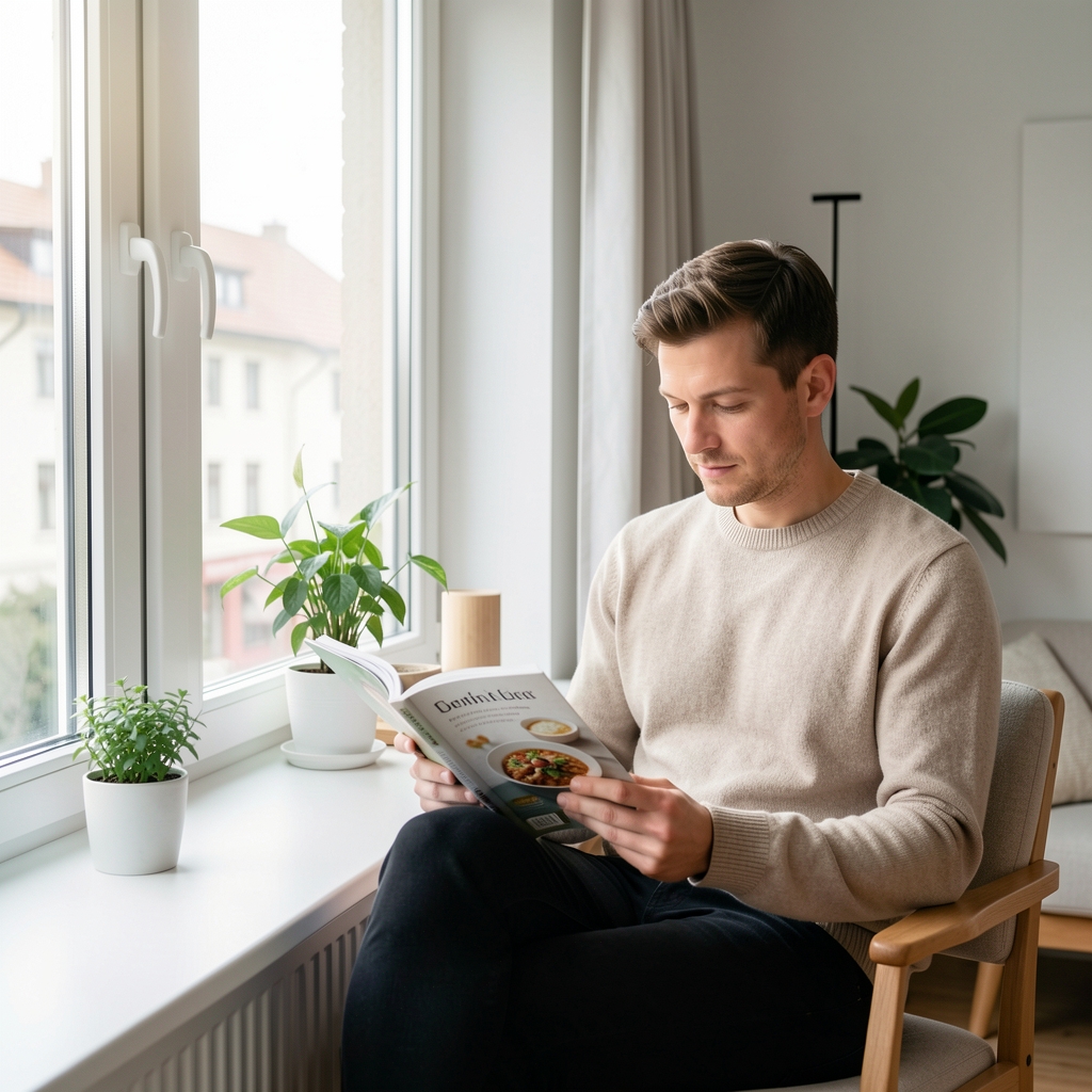 Mensch liest ruhig in einer Ernährungspublikation an einem hellen Fenster in einem minimalistischen Zürcher Interieur