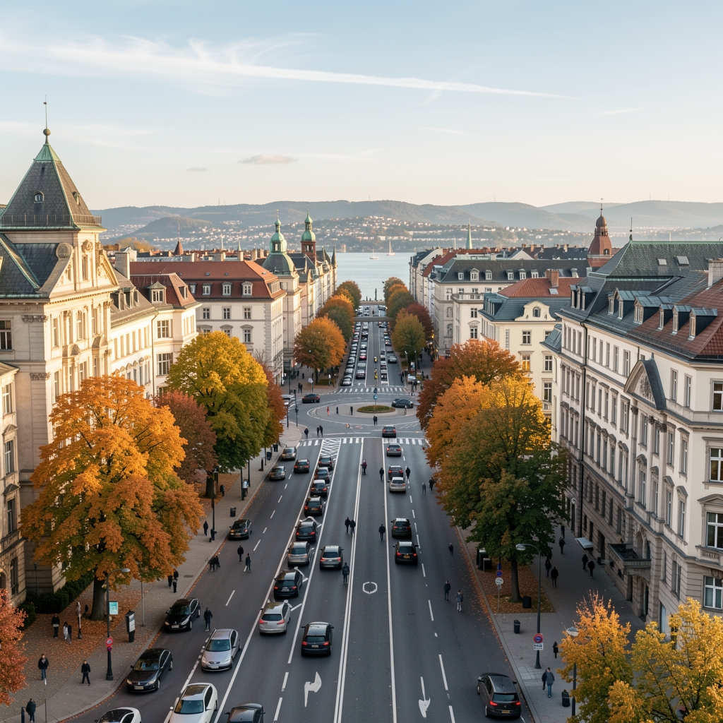 Blick auf das Seefeld-Quartier in Zürich mit belebter Seefeldstrasse, Bäumen und historischen Gebäuden im Herbstlicht
