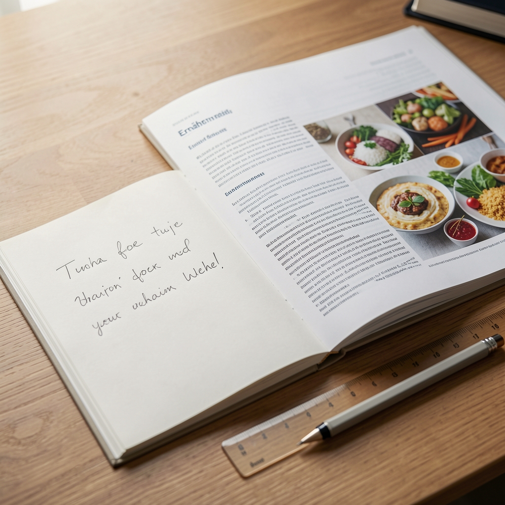 Nahaufnahme einer handschriftlichen Notiz neben einer geöffneten Ernährungsstudie, Bleistift und Lineal auf dem Schreibtisch