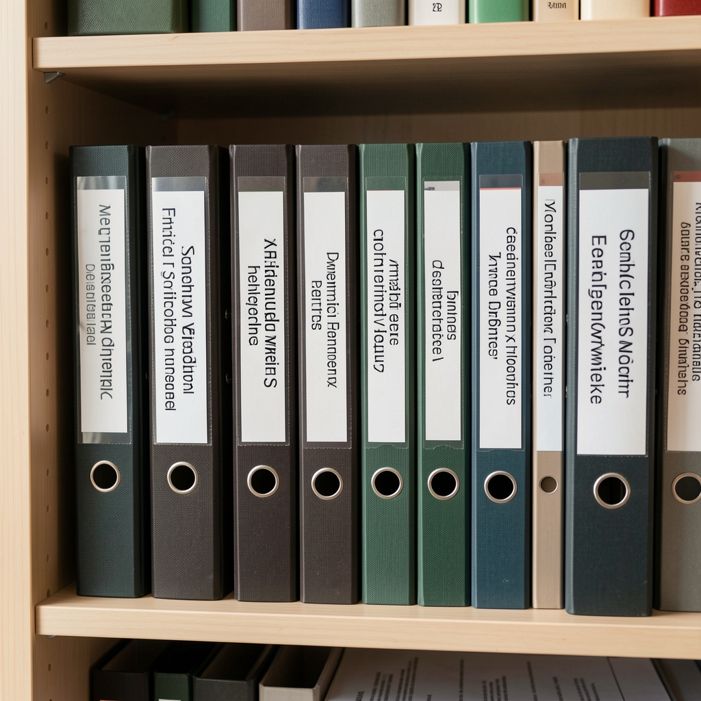 Ordentlich sortierte Dokumentenmappen in einem Regal, archiviertes Ernährungswissen mit beschrifteten Rückenschildern