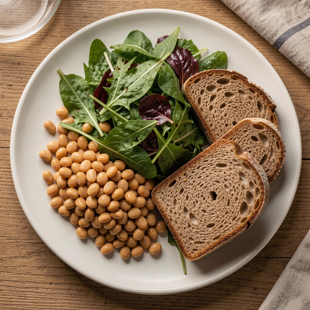 Draufsicht auf ein selbstgekochtes ausgewogenes Mittagessen mit Hülsenfrüchten, grünem Salat und Vollkornbrot auf einem runden Teller